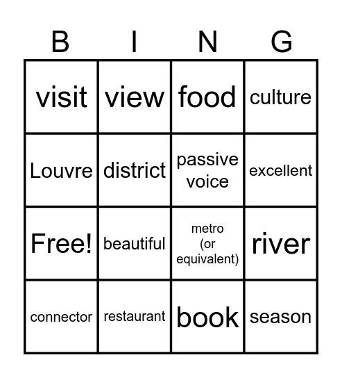 Visit Paris bingo Card