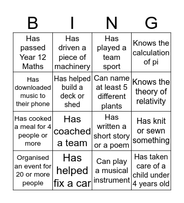 Skills Bingo Card