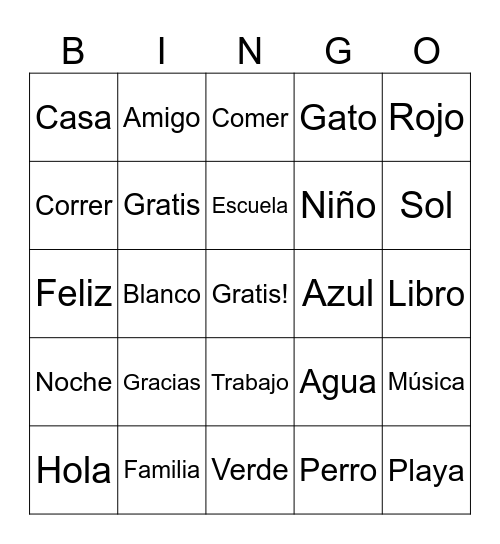 Spanish Bingo Card