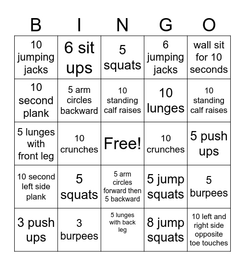 P.E. Bingo Card