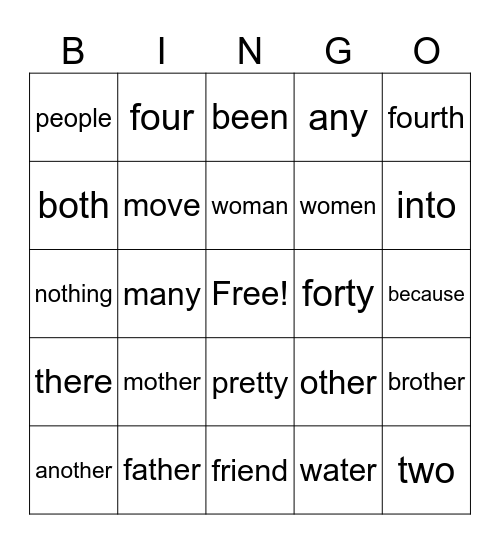 Heart Words 2 Bingo Card