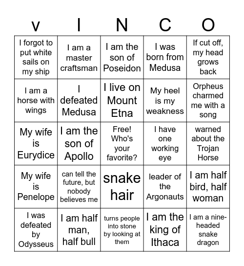 Mythology VINCO! Bingo Card