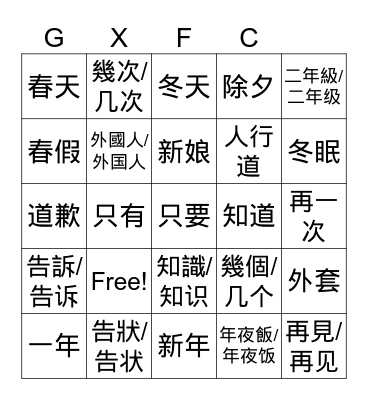 MZ Chinese B2L7 unit phrases Bingo Card