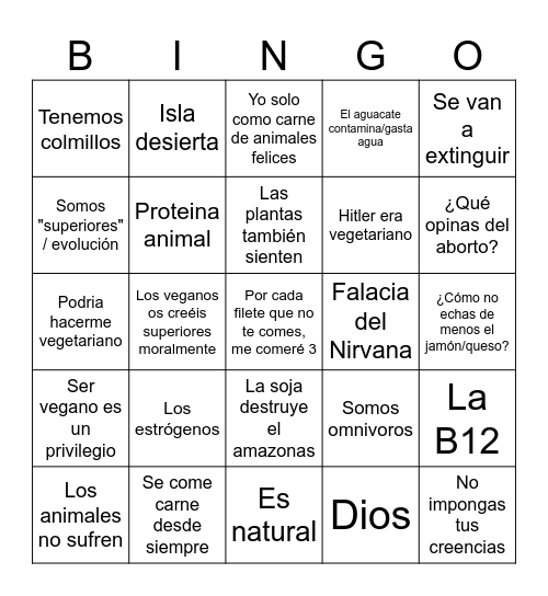Cuñado antivegano Bingo Card