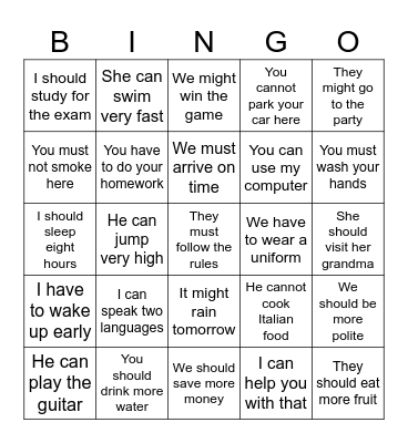 Modal Verbs Bingo Card