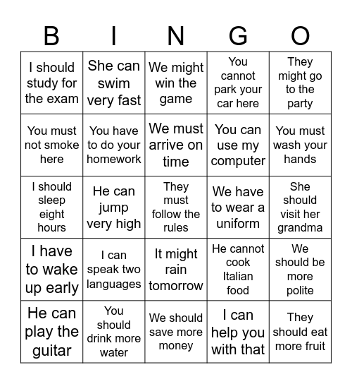 Modal Verbs Bingo Card