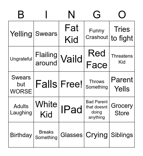 Kid Crashout Bingo Card
