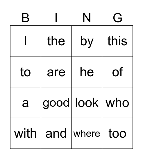 Sight Words Bingo Card