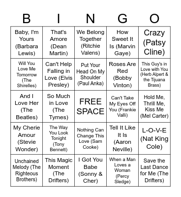 Classic Love Songs Bingo Card