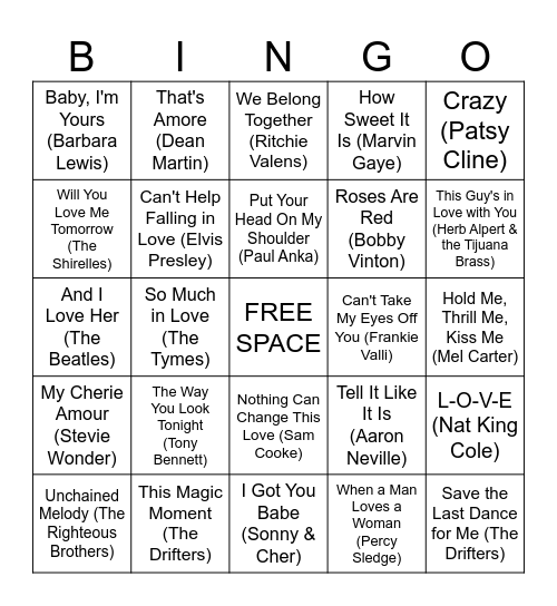 Classic Love Songs Bingo Card