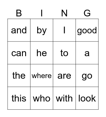 Sight Words Bingo Card