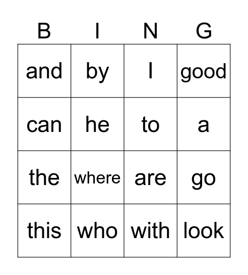 Sight Words Bingo Card