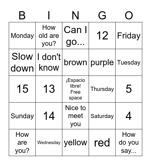 Español 10 Bingo Card