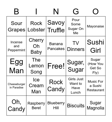 Songs About Food Bingo Card