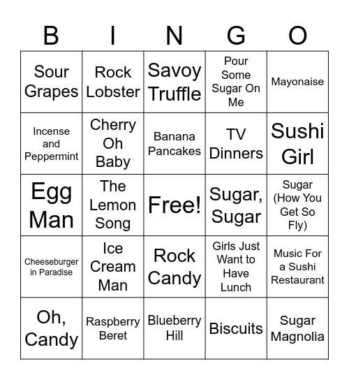 Songs About Food Bingo Card