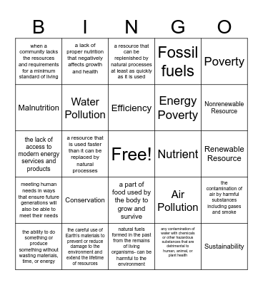 Earth's Resources Bingo Card