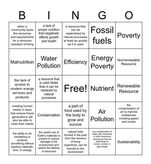 Earth's Resources Bingo Card
