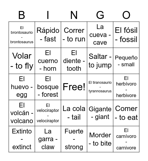 Dinosaurs Spanish Bingo Card