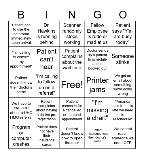 UA Front Desk Coordinator Bingo Card