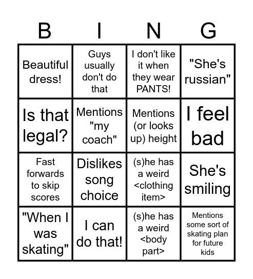 Watching Figure Skating with Natasha Bingo Card