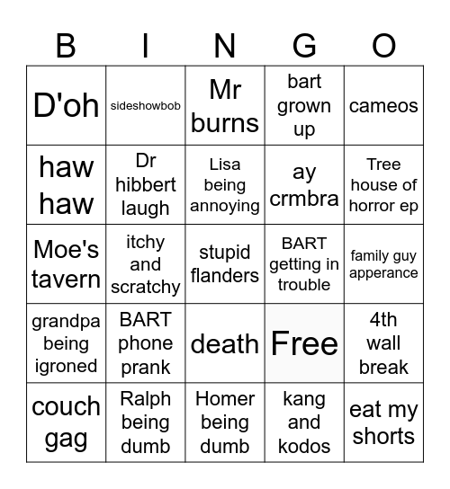 simpons bingo Card