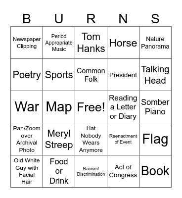 Ken Burns Film Bingo Card