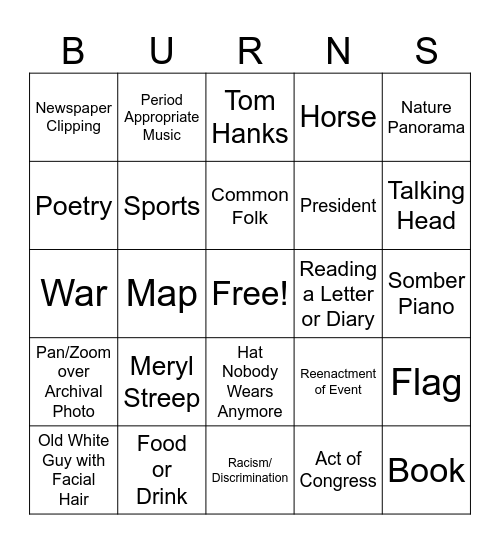 Ken Burns Film Bingo Card