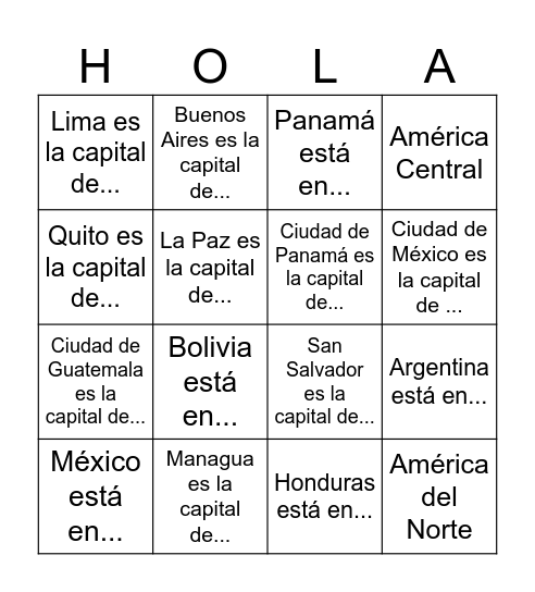 Países Hispanos del Centro y Sur de América Bingo Card