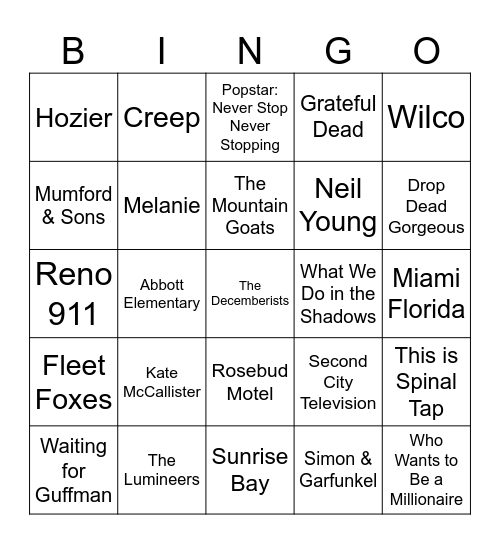 Folksy Music, Mockumentaries, & Catherine O'Hara Bingo Card