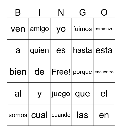 palabras de uso frecuente 1-50 Bingo Card