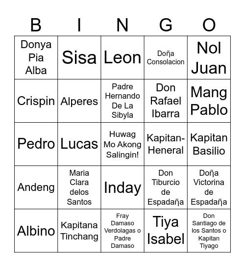 NOLI ME TANGERE (Mga Tauhan) Bingo Card