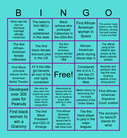 Black History Trivia Bingo Card