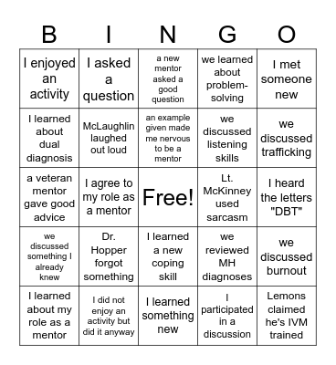 SNU Mentor Training Bingo Card