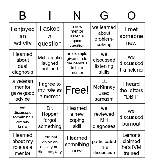 SNU Mentor Training Bingo Card