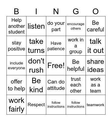 Cooperation Bingo Card