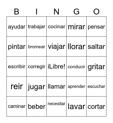 Spanish Verbs Bingo Card