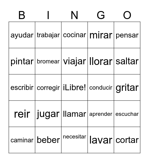 Spanish Verbs Bingo Card