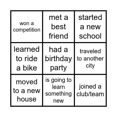 Life Events Bingo Card