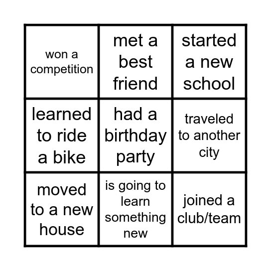 Life Events Bingo Card