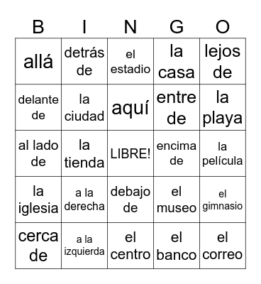 Spanish Prepositions Bingo Card