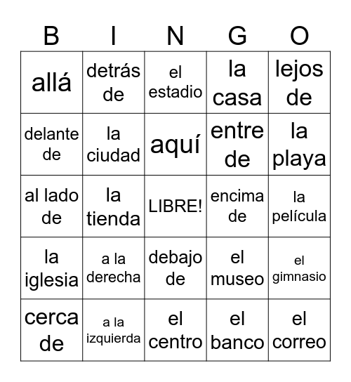 Spanish Prepositions Bingo Card