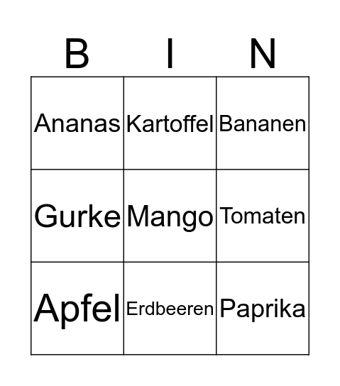 Obst und Gemüse Bingo Card