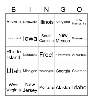 US STATES Bingo Card