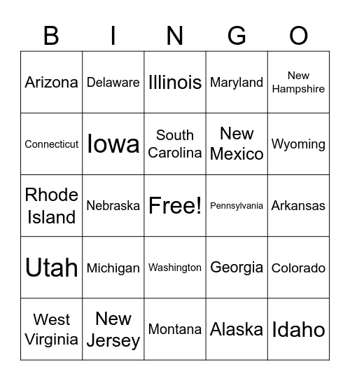 US STATES Bingo Card