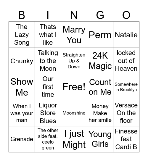 Bruno Mars Music Bingo R1 Bingo Card