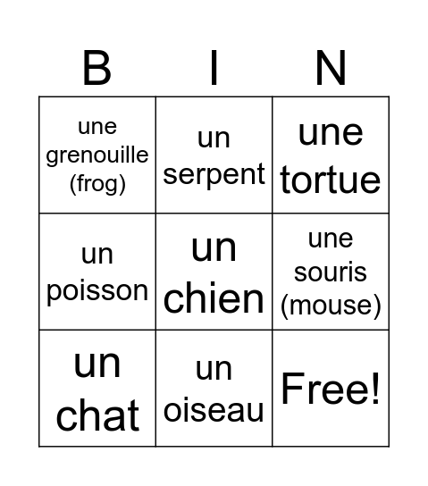 Les animaux domestiques Bingo Card