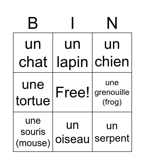 Les animaux domestiques Bingo Card
