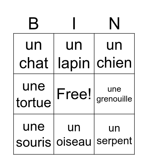 Les animaux domestiques Bingo Card