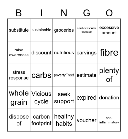 Food and Health Bingo Card