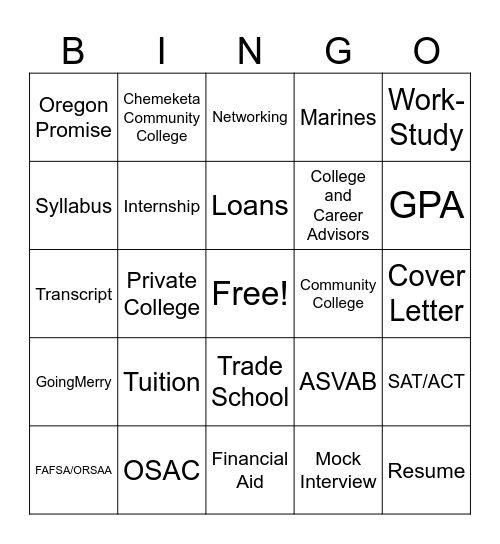 College & Career Readiness Bingo Card